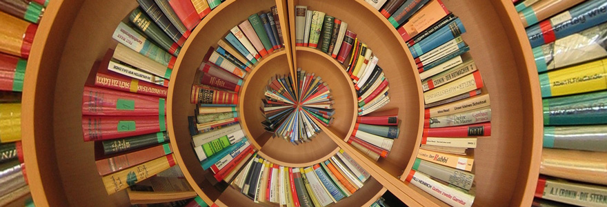 Books on a spiral bookshelf